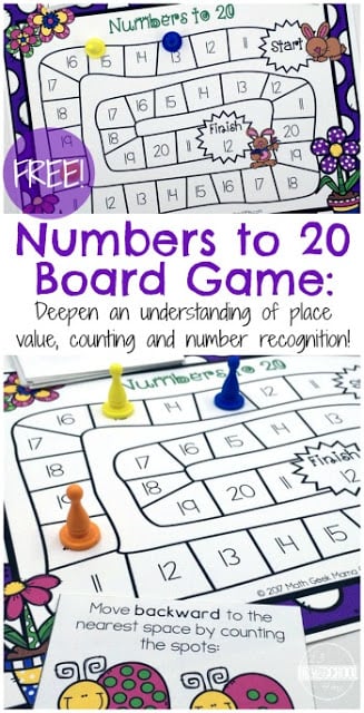 Celebrate spring while practicing pre-k and kindergarten math with this super cute,  counting games for kindergarten 1-20. This number recognition games 1-20 is a great way to improve math skills while having fun with the free printable board game filled with pretty flowers and happy bunny rabbits. Simply print pdf file with numbers to 20 board game and you are read for a spring math activity.